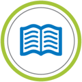 Green circle around blue open book e-book icon