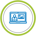 Green circle around blue laptop with man and data webinar icon
