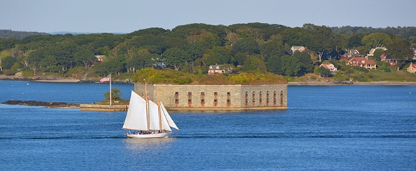 Maine - Island building with sailboat