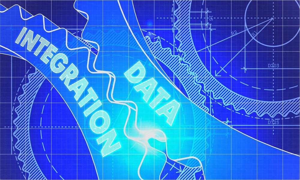 Data Integration on Blueprint of Cogs. Technical Drawing Style. 3d illustration with Glow Effect..jpeg